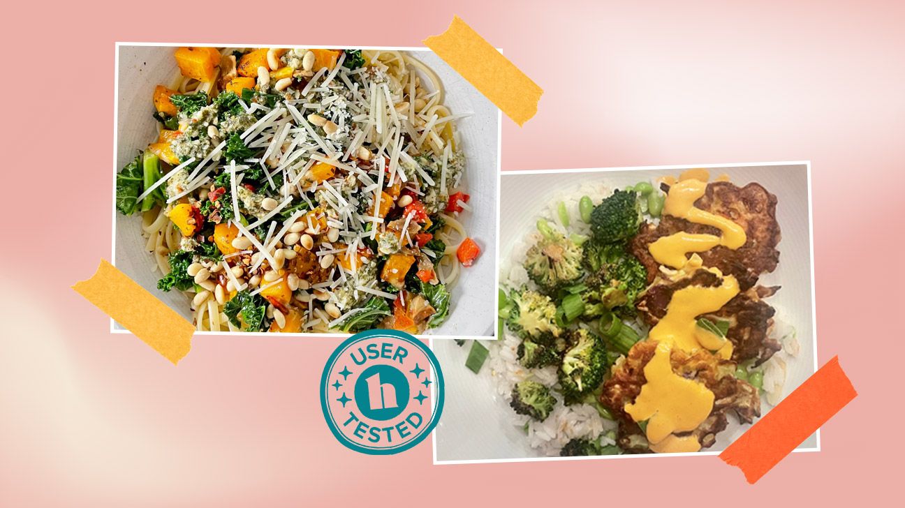 Green Chef Japanese Cabbage and Carrot Fritters and Butternut and Porcini Linguine meals, photos by hands on review tester photos Kelli McGrane, MS, RD.