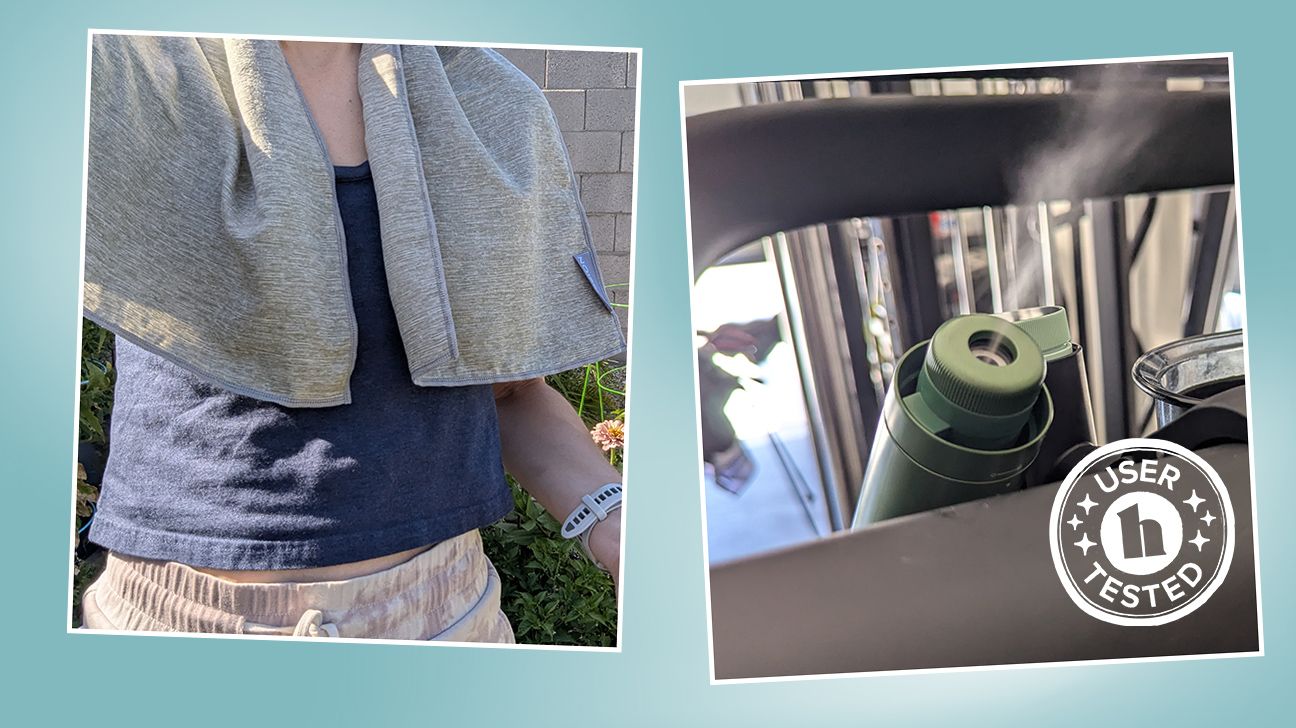 Healthline editor using Mission cooling towel and Shark ChillPIll portable fan